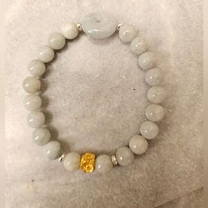 White Jade Beaded Stretch Bracelet with Gold Flower Accent and Circle Charm